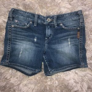 Silver distressed light denim jean shorts
